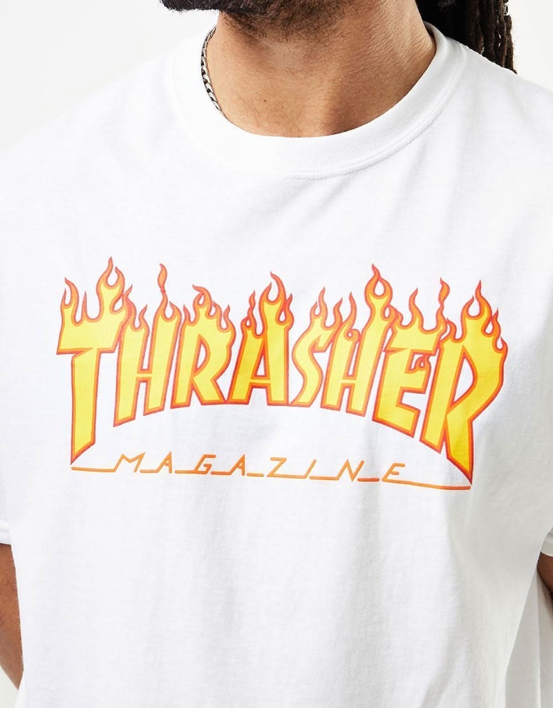 T-SHIRT THRASHER FLAME LOGO TEE - BLANC