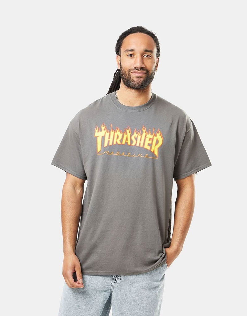 THRASHER FLAME LOGO TEE - CHARCOAL