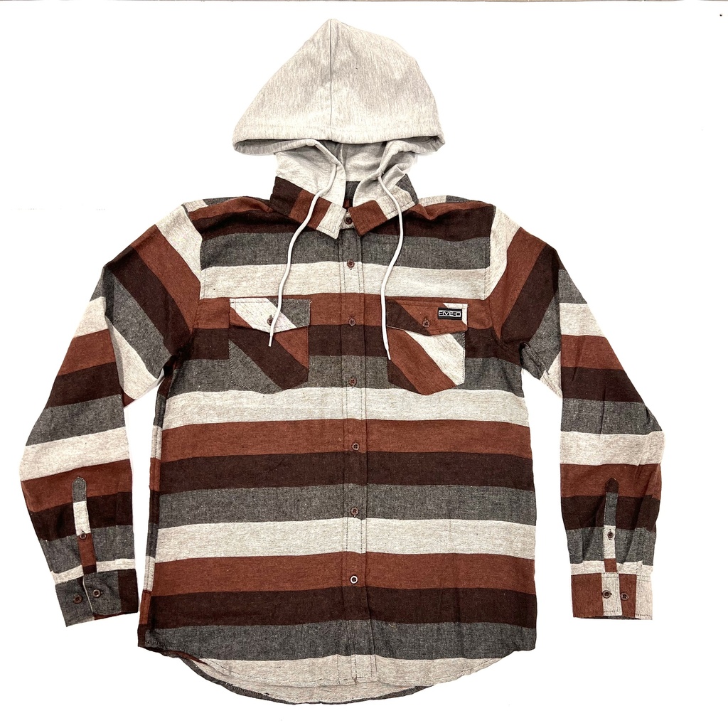 5-0 Flannel Shirt Fleece Hood Wood - Burgandy
