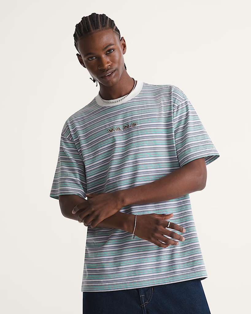 VANS CAMERON STRIPE KNIT SHORT SLEEVE TEE - MARSHMALLOW/GLACIAL SLATE